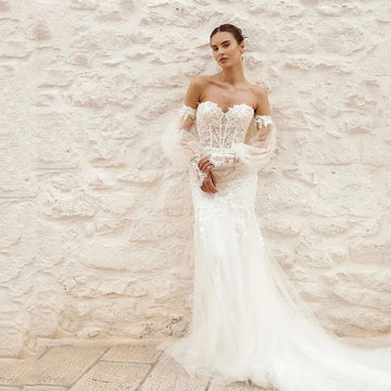 Boho Mermaid Wedding Dresses With Detachable Sleeves Sweetheart Corset Lace Appliques Wedding Gowns Elegant Bride Dress As Picture