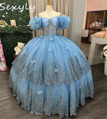 Shine Blue Butterfly Quinceanera Dresses Sparkly Appliques Vestidos De 15 Quinceañera Sweet 16 Dress Corset Xv Para Customized Blue
