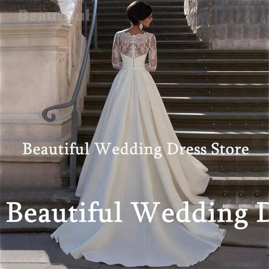 Simple Wedding Dress Lace V-Neck Long Sleeves A-Line Satin Floor-Length Sweep Train Bridal Dress Vestidos de novia