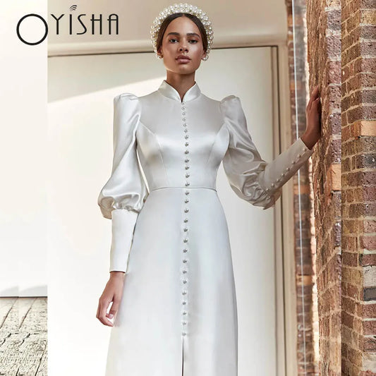 OYISHA Muslim High Neck Wedding Dresses Split Simple Satin Puff Sleeves A Line Sweep Train Bridal Gowns With Buttons فستان ا