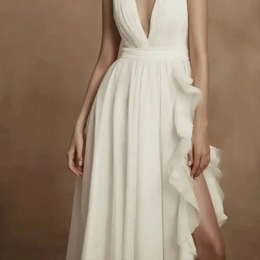 Elegant Chiffon Wedding Dresses A-Line V-Neck Bridal Gowns For Formal Party Sexy Side Slit Robes Vestidos De Novia
