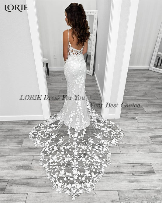 LORIE Vintage Lace Mermaid Wedding Dresses Deep V-Neck Appliques Brush Train Bodycon Bridal Gowns Spaghetti Straps Bride Dress