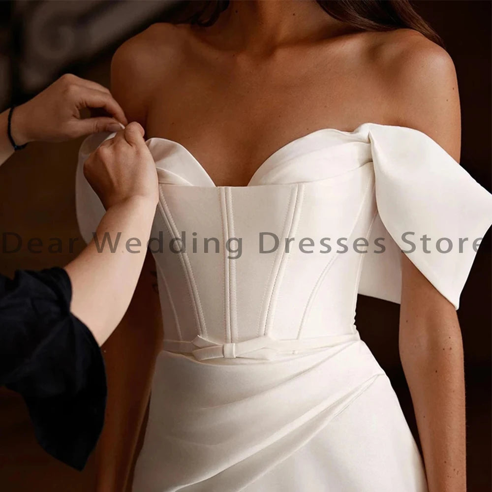 Sexy Women's Off Shoulder Bridal Dresses Satin Mermaid Pleated Side High Split Wedding Welcome Guest Gowns Formal Beach Party De