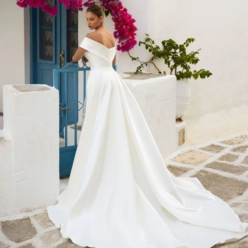 Msikoods Elegant Off Shoulder Satin Wedding Dresses With Detachable Train Women Mermaid Bridal Gowns Bride Dress