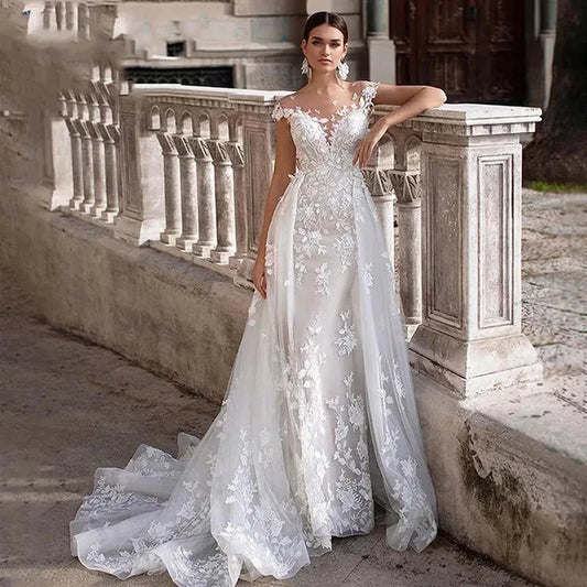 Wedding Dress Backless Detachable Train Lace Embroidery Mermaid Bridal Dress Plus Size Custom Made Vestido De Noiva White
