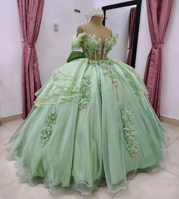 Gorgeous Green Quinceanera Dresses Convertible 2 In 1 Two Pieces 3D Flowers Vestido De 15 Años Princess Sweet 16 Gown Customized green