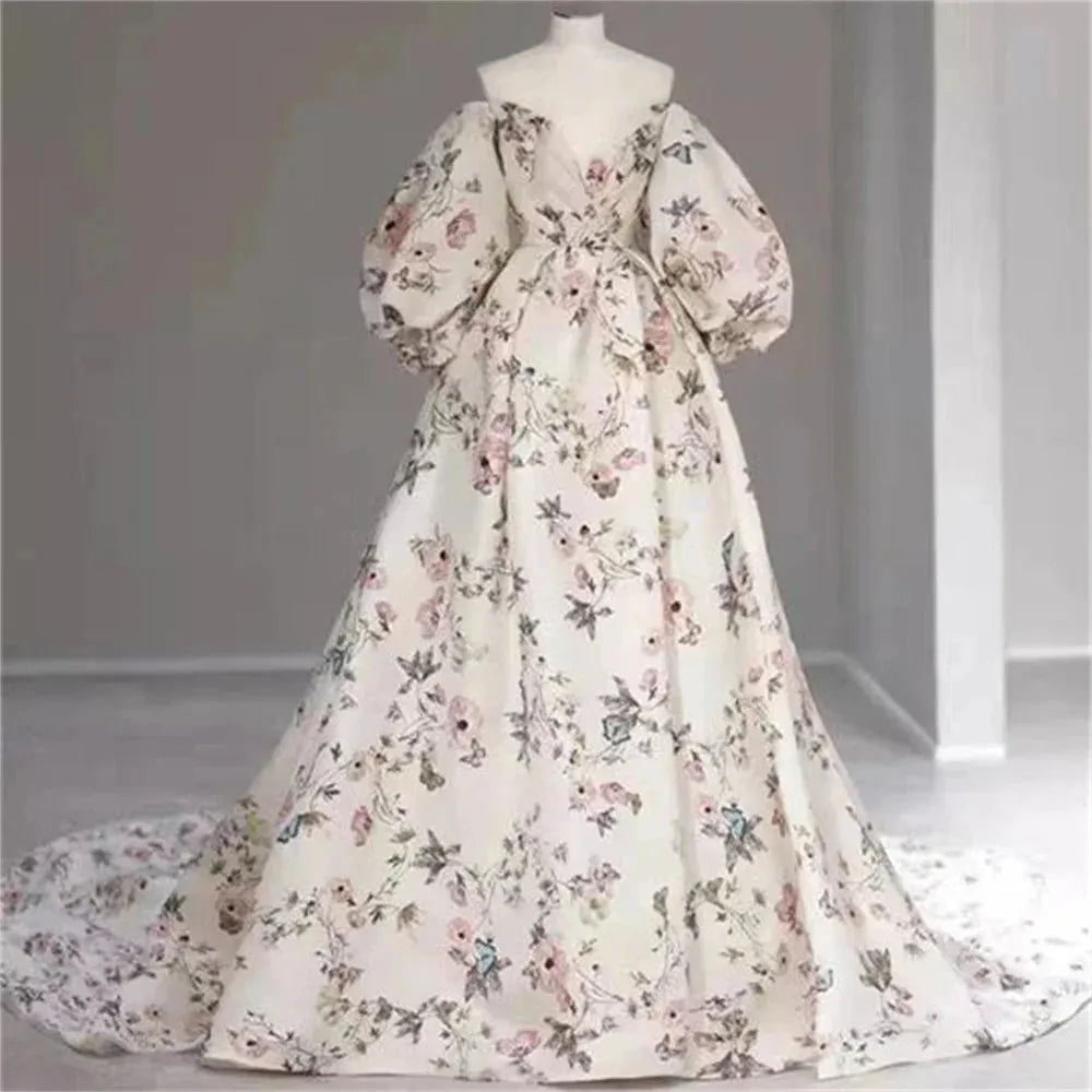 White Floral Print Prom Dress A-line Satin Wedding Dresses Elegant Puffy Sleeves Side Split Long Train Vestidos De Fiesta As Picture