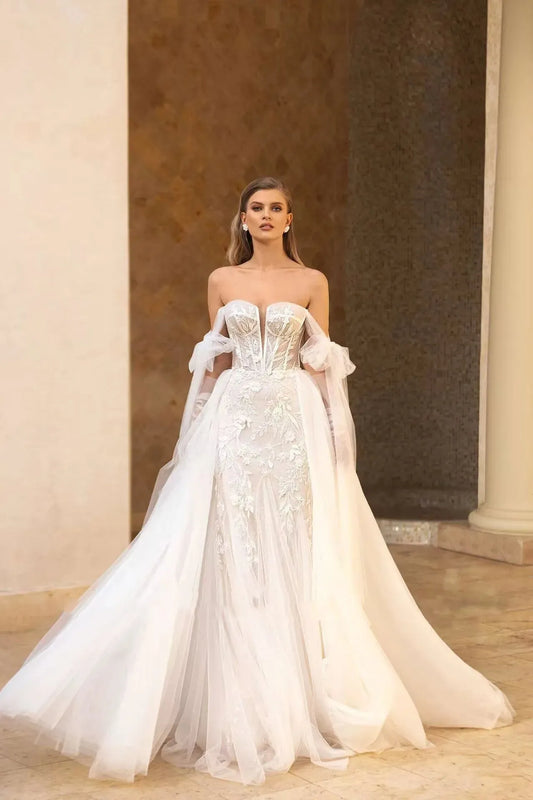Sexy Strapless Bridal Dress Detachable Tail Lace Embroidery Mermaid Wedding Gown Plus Size Custom Made Vestido De Noiva Ivory
