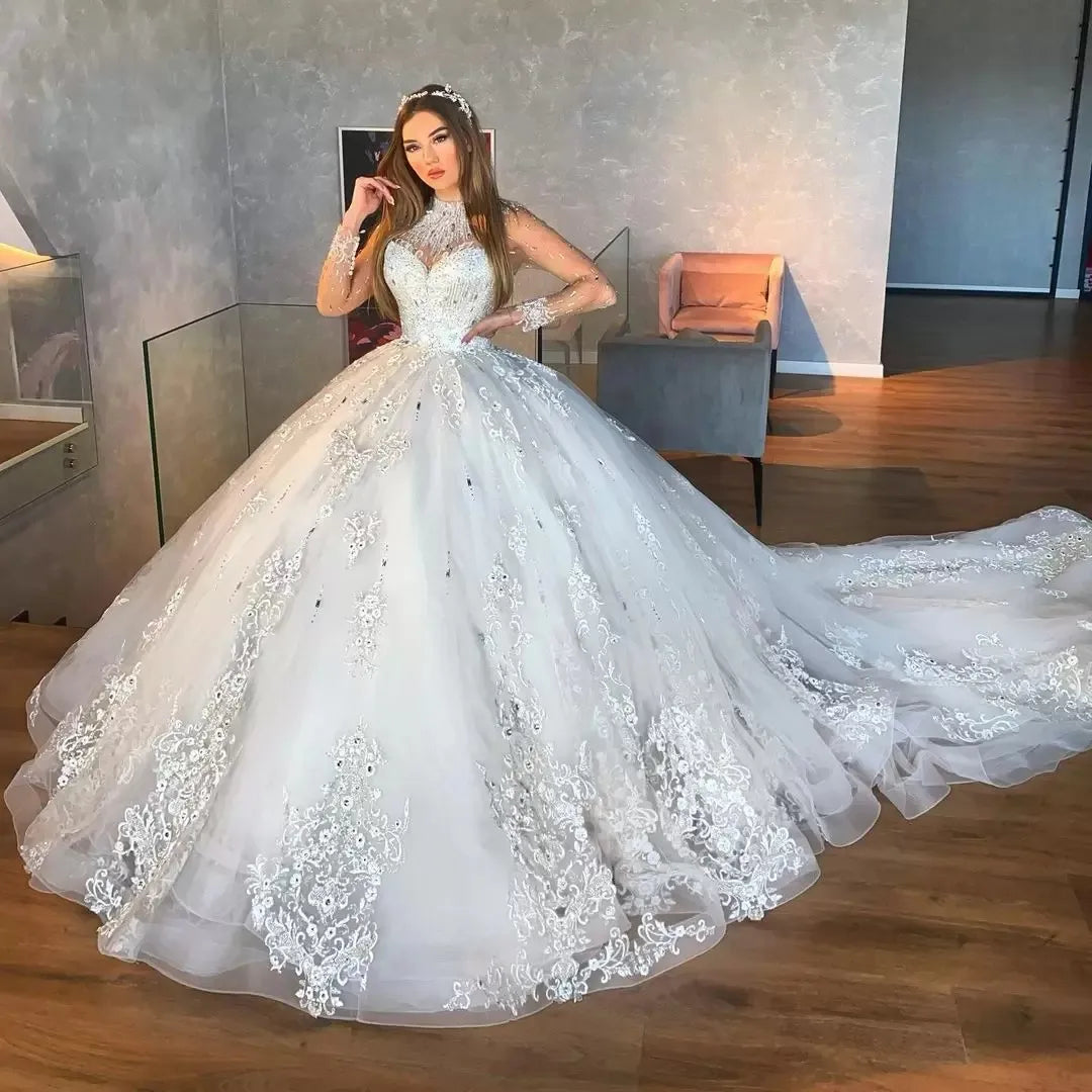 Gorgeous Lace Ball Gown Wedding Dresses High Neck Beaded Long Sleeves Bridal Gowns Sequined Tulle Chapel Train Robes De Mariée