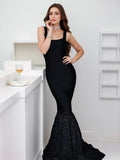 Black Lace Women Bandage Maxi Dresses Sleeveless Backless Square Neck Female Dress Sexy Hip Package Slim Patchwork Lady Vestidos