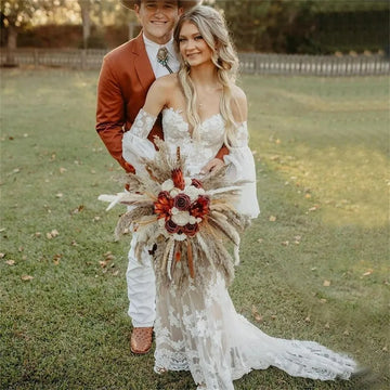 Boho Off The Shoulder Mermaid Wedding Dresses Sexy V-Neck Lace Appliqued Bride Gowns Backless Sweep Train White Custom size
