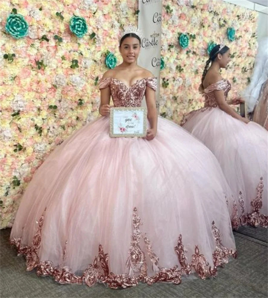 Luxury Pink Quinceanera Dresses Charro Sequin Vestidos Para 15 Quinceanera Xv Años Lace Up Birthday Party Pageant Customized Pink