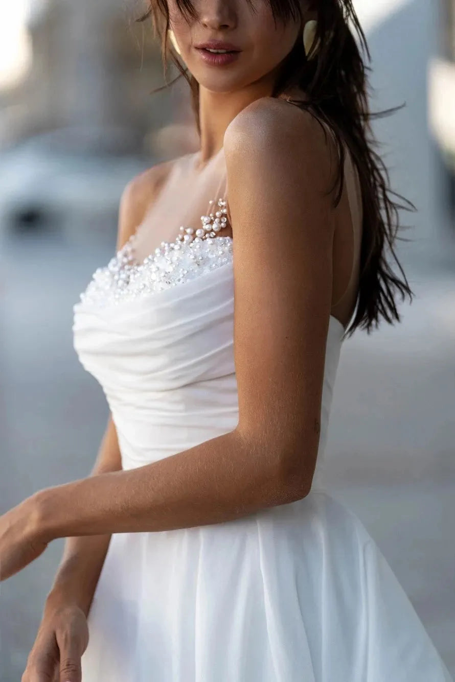 Vintage Pearl Neck Wedding Dresses Simple Pleat Robe Elegant Satin Off Shoulder A-Line Bridal Gowns Sleeveless Bride Dresss