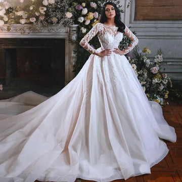 Princess Wedding Dress Scoop Neck Beads Lace Applique Full Sleeve Bridal Gowns Vestidos De Noiva Sweep Train Robe De Mariee As Picture