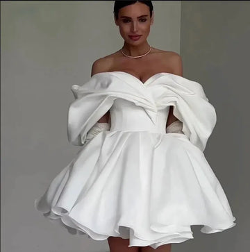 Short Wedding Dress Sweetheart Off Shoulder Backless Lace Up Bridal Gown Ruched Pleat Above Knee Vestido De Noiva White