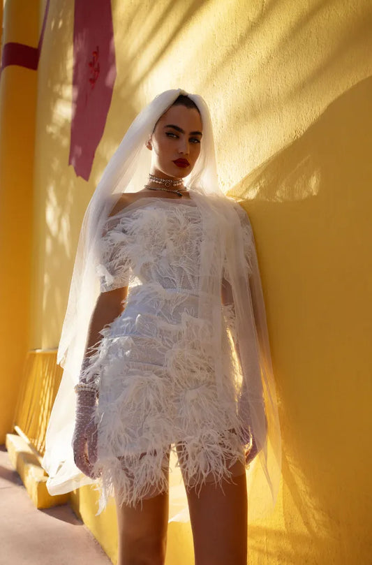 Ritzy long-sleeved mini wedding dress made from chantilly lace.