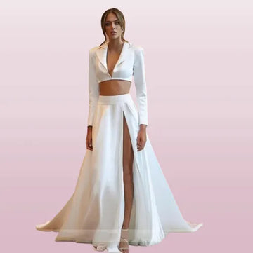 2 Pieces Satin Wedding Dress With Jacket Long Sleeve Simple White Elegant V Neck Flowers Bride Dress Side Split Vestido de novia