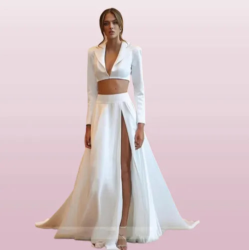 2 Pieces Satin Wedding Dress With Jacket Long Sleeve Simple White Elegant V Neck Flowers Bride Dress Side Split Vestido de novia