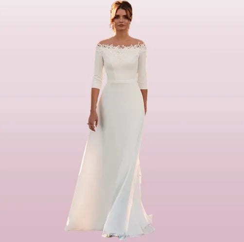 3/4 Sleeve O-Neck Wedding Dress A-Line Lace Appliques Satin Civil Bridal Gown For Women Robe De Mariee Simle Civil