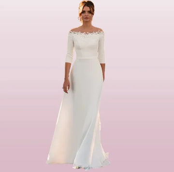 3/4 Sleeve O-Neck Wedding Dress A-Line Lace Appliques Satin Civil Bridal Gown For Women Robe De Mariee Simle Civil