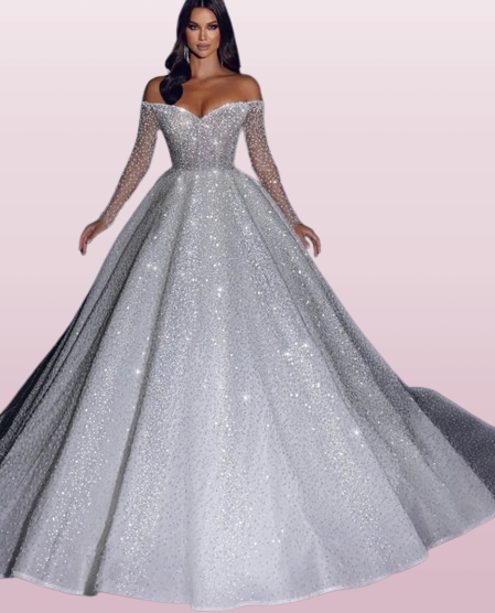 Arabia Glitter Princess Wedding Dresses Off Shoulder Sparkly Long Sleeves Bridal Gowns A-Line Dubai Pageant Bride Dress