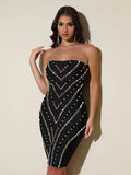 2025 Spring Women's Light Luxury Nail Bead Bandage Dress Strapless Sleeveless Bodycon Bareback Mini Dress Evening Party Vestidos