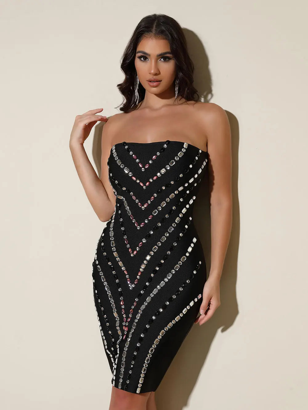 2025 Spring Women's Light Luxury Nail Bead Bandage Dress Strapless Sleeveless Bodycon Bareback Mini Dress Evening Party Vestidos