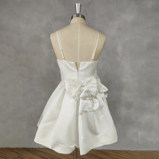 Square-Neck Satin Short Wedding Party Dress Bow A-Line Zipper Back Mini Length Bridal Gown Custom Made