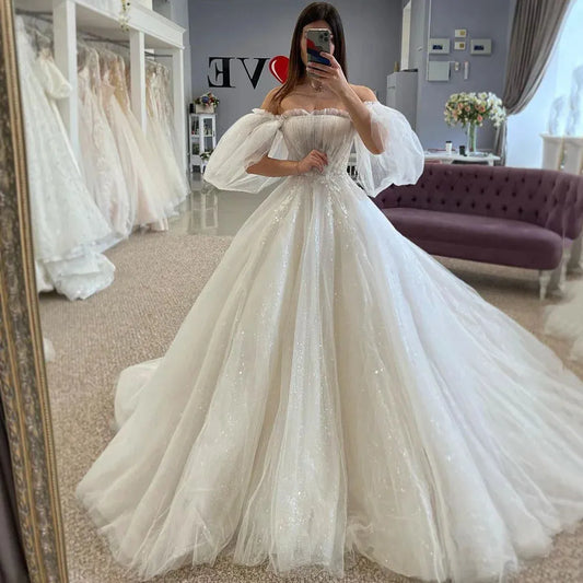 Sparky Princess Vintage Wedding Dresses Lace Beads Bride Dress Puff Sleeve Corset Back Wedding Gowns Plus Size Vestidos Ivory