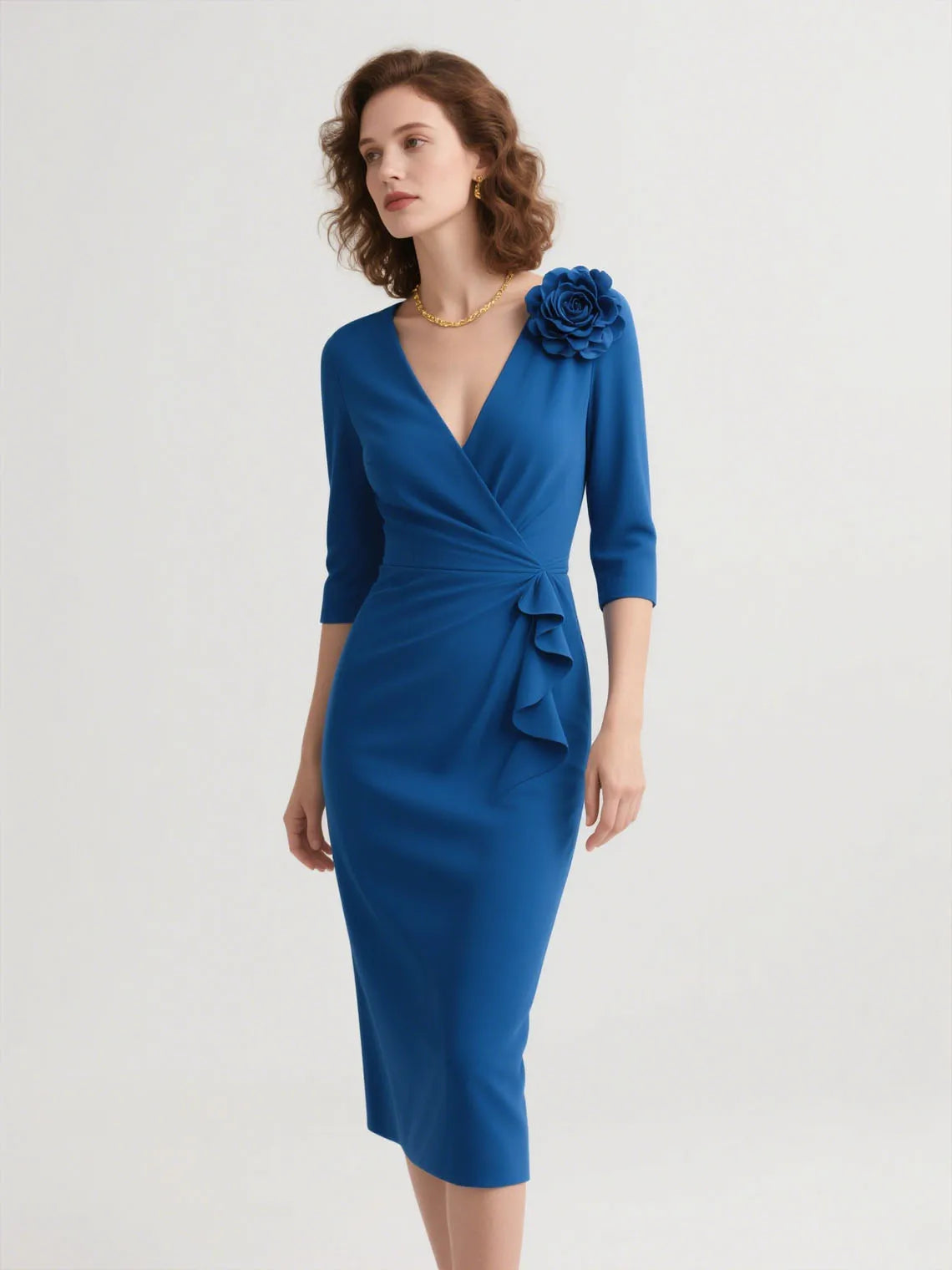 Mother Of The Bride Dress - Elegant Sheath V Neck Stretch Mother of the Bride Dress Classic Tea Length 3/4 Sleeve Flower Wedding Guest 2025 Free Customized Blue