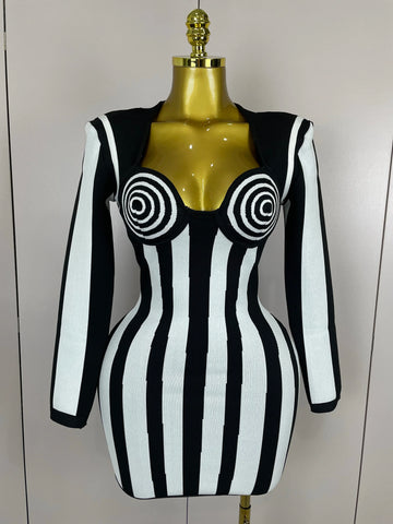 Luxury Sexy Long Sleeve Stripe Black White Mini Bandage Dress Women Knitted Celebrity Elegant Evening Club Birthday Dresses black
