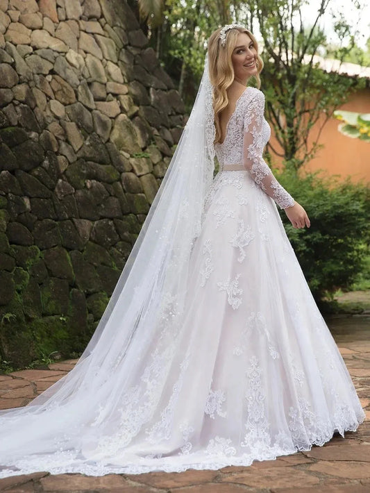 Long Sleeves Scoop Neck Vestidos De Novia Backless A Line Wedding Dresses Appliques Vestido De Noiva