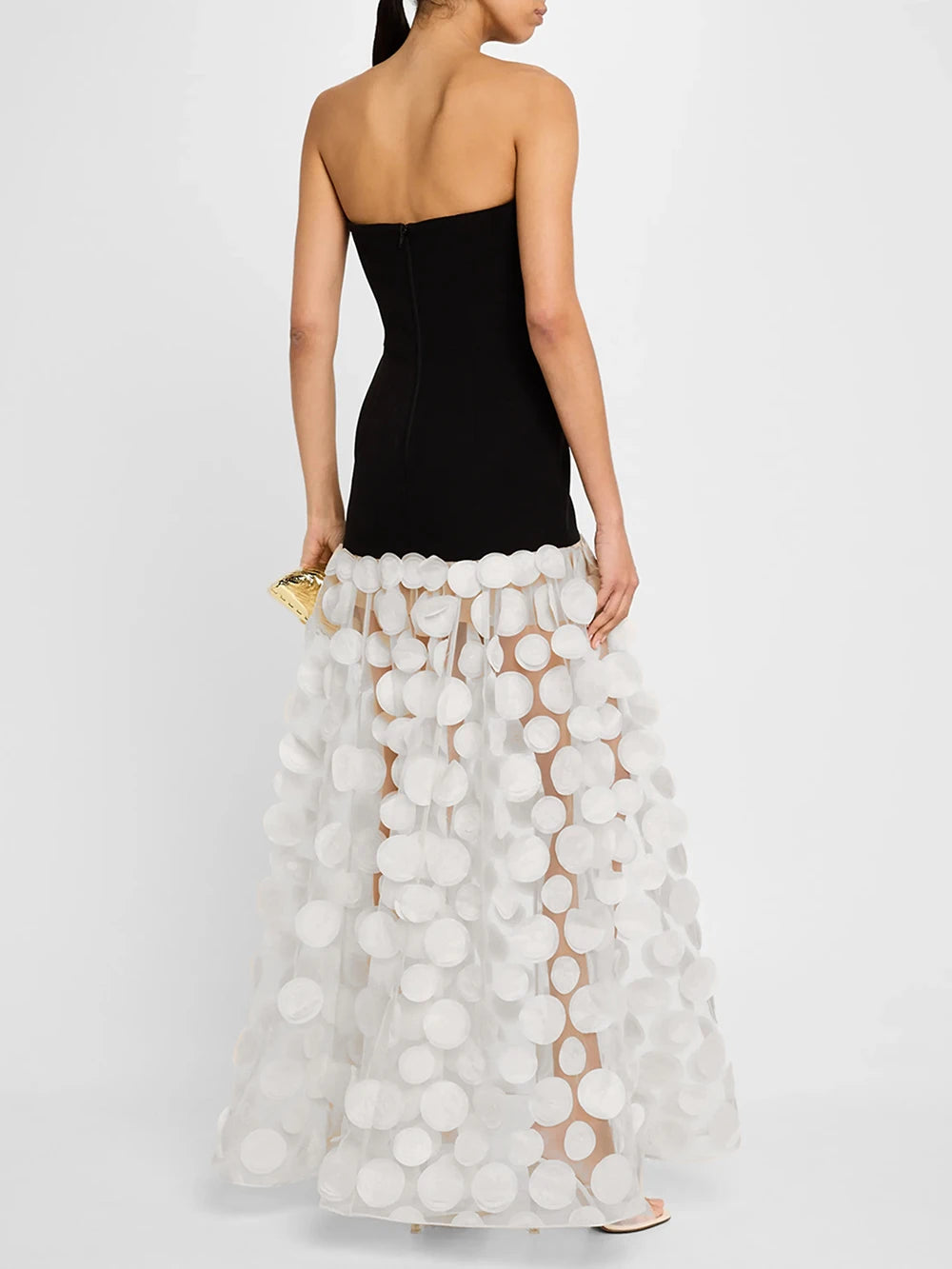 2025 Sexy Women Strapless Dot Mesh Patchwork Long Dress Patchwork Polka Dot A- Line Slim Dresses Female Evening Party Gowns