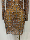 High Quality Women Elegant Long Sleeve Sparkly Rhinestones Mesh Bodycon Mini Dress See Through Evening Party Nightclub Outfit