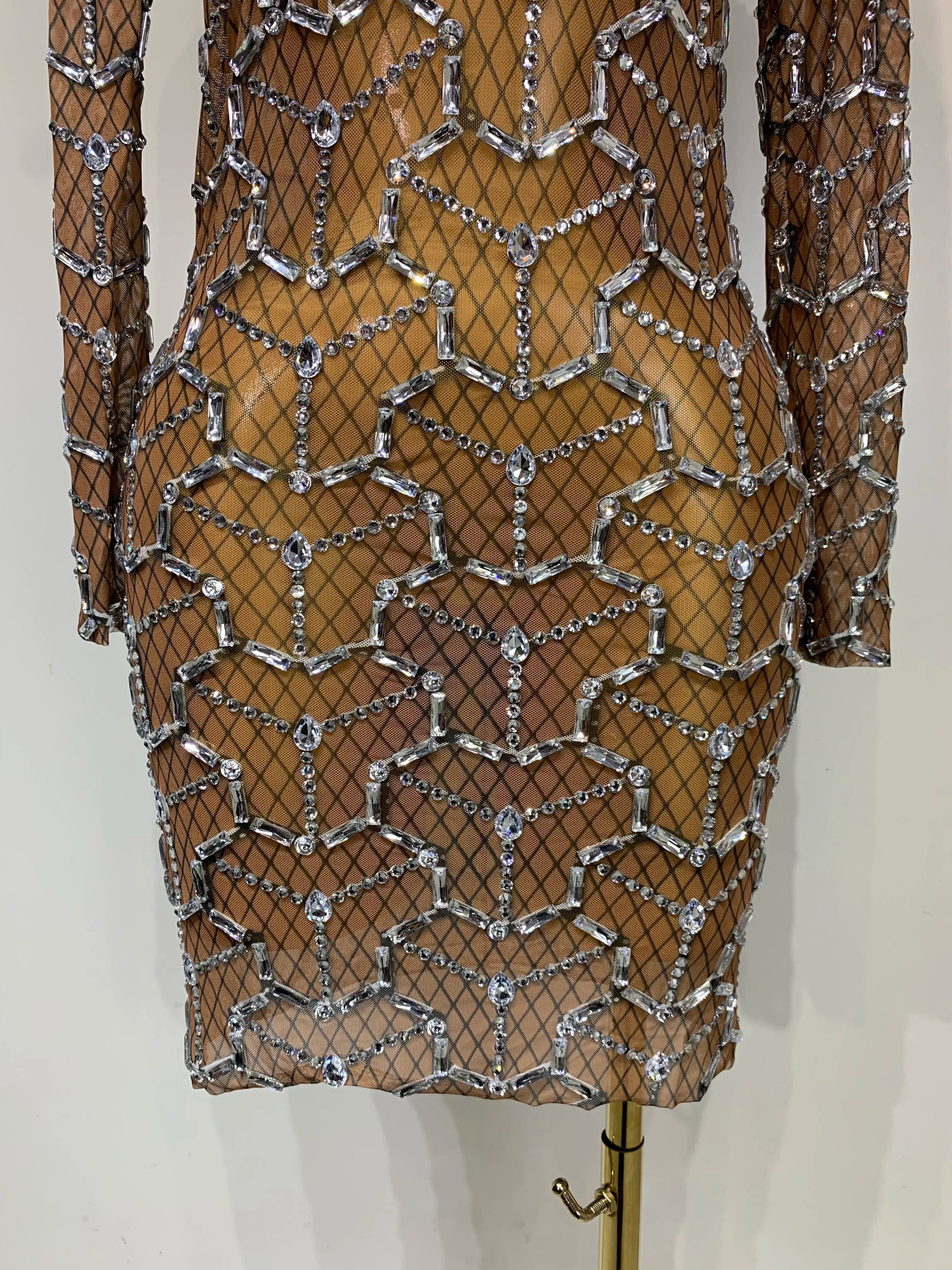 High Quality Women Elegant Long Sleeve Sparkly Rhinestones Mesh Bodycon Mini Dress See Through Evening Party Nightclub Outfit