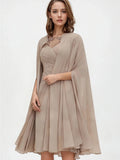 Mother Of The Bride Dress - Elegant Sheath Chiffon Dress Bateau Neckline Half Sleeve Knee-Length Appliqued Pleated Jacke Evening Dress 2025 Free Customized Brown