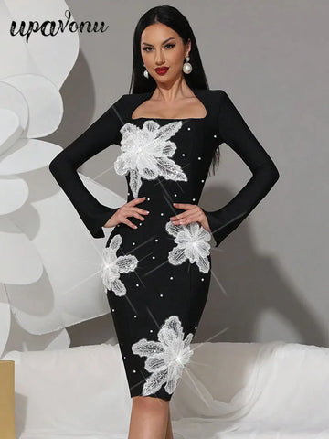 Women's Light Luxury 3D Flower Design Bandage Dress Square Neck Long Sleeve Bodycon Flute Dress Evening Club Party Vestidos
