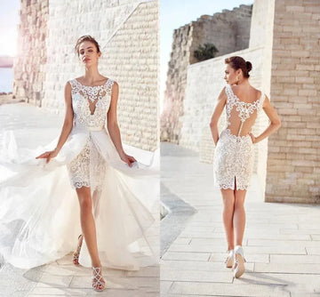 Beach 2 IN 1 Wedding Dresses Boho Vintage Lace Appliques Robe De Mariee Short Bridal Gown with Long Detachable Skirt For Bride White