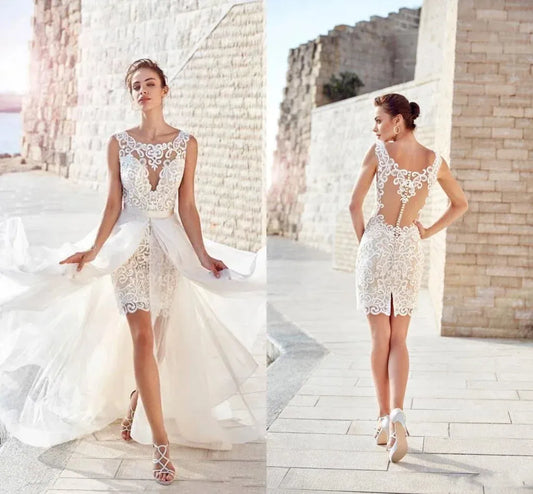 Beach 2 IN 1 Wedding Dresses Boho Vintage Lace Appliques Robe De Mariee Short Bridal Gown with Long Detachable Skirt For Bride White