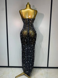 Women Sexy Sleeveless Rhinestone Bodycon Maxi Long Dress Evening Party Birthday Costume Bar Nightclub Stage Performance Clothing