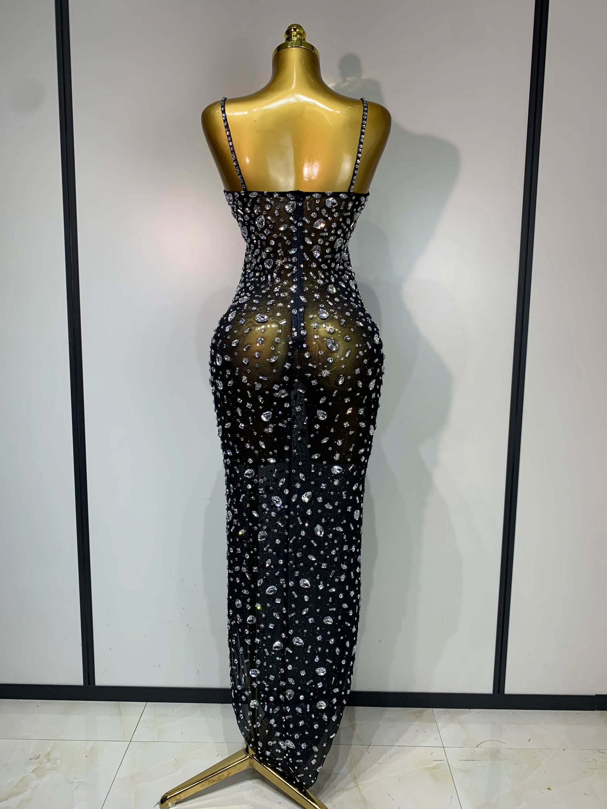 Women Sexy Sleeveless Rhinestone Bodycon Maxi Long Dress Evening Party Birthday Costume Bar Nightclub Stage Performance Clothing