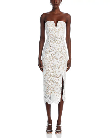 Arrival Women Sexy Strapless Lace Bodycon Mid-calf Dress Belt Fashion Birthday Party Celebrate Evening Cocktail Dress Ivory