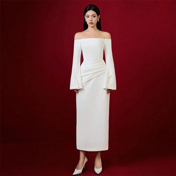 Elegant White Satin Prom Dress Mermaid Boat Neck Off The Shoulder Pleated Ankle Length Evening Dress vestido de gala White