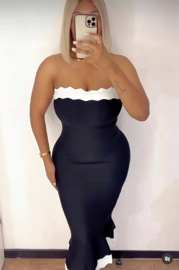 Black Color Women Sleeveless Sexy Strapless Bodycon Mermaid Bandage Mid-calf Dress Nightclub Party Birthday Cocktail Dress black
