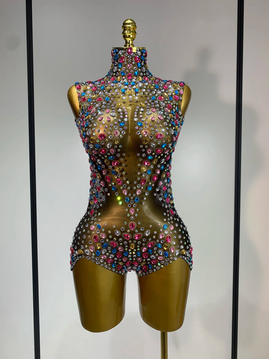 Sparkly Colorful Rhinestones Crystals Leotard Luxury Birthday Celebrate Sexy Outfit Sleeveless Mesh Bodysuit Stage Costume MULTI