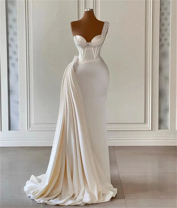 Elegant & Charming Mermaid Wedding Dresses Bridal Gown Pearls Beaded One Shoulder Satin Sweep Train Custom Vestido De Novia As Picture