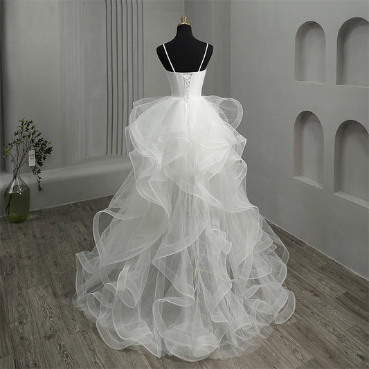 Short Front Long Back Gothic White Wedding Dresses Spaghetti Straps Deep V Neck High-low Bridal Gowns Vestido Custom Color