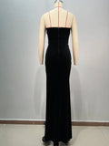 2025 Spring Women's Light Luxury Nail Bead Velvet Dress Strapless Sleeveless Bodycon Split Body Long Dress Evening Party Vestido