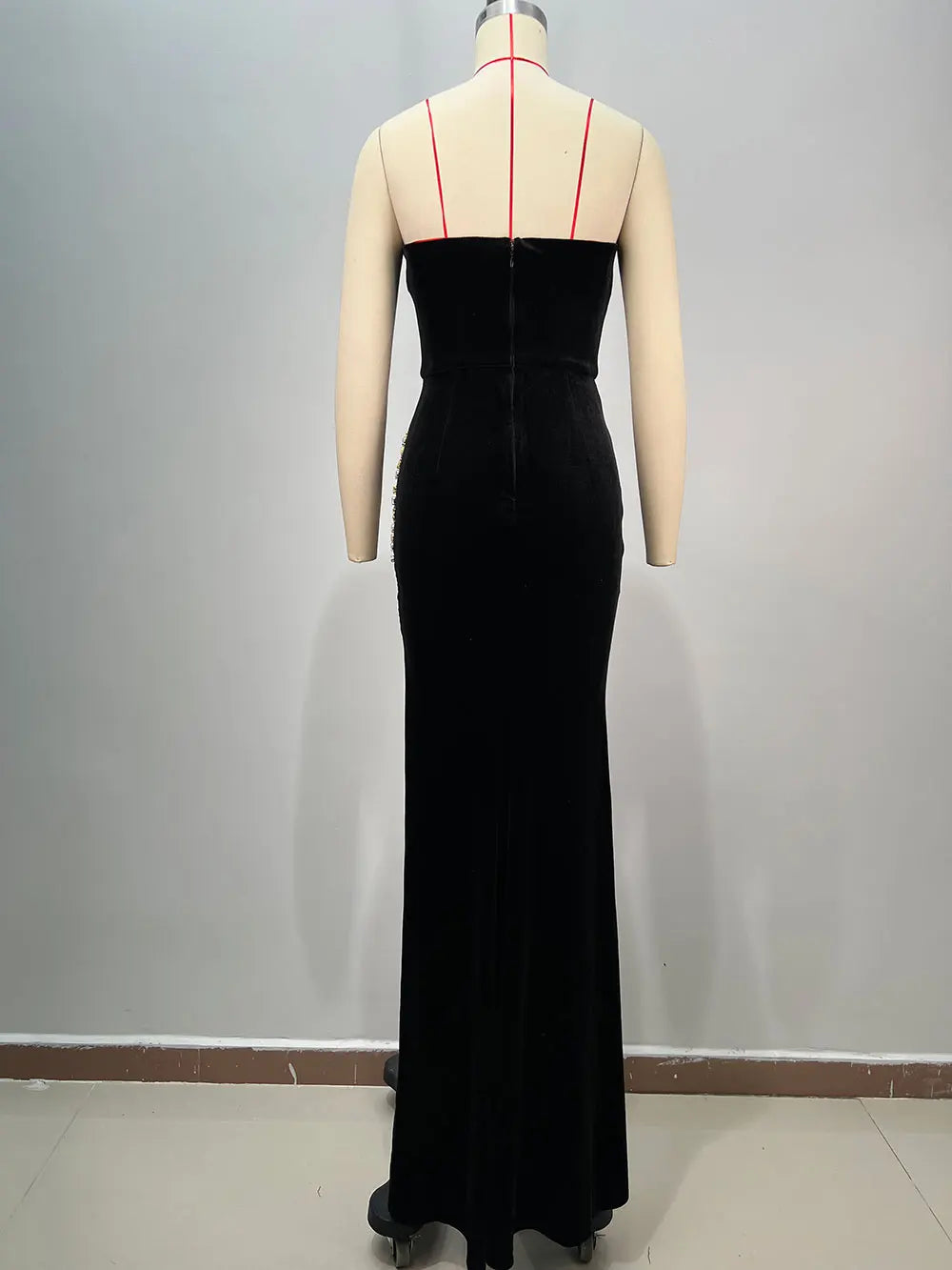 2025 Spring Women's Light Luxury Nail Bead Velvet Dress Strapless Sleeveless Bodycon Split Body Long Dress Evening Party Vestido