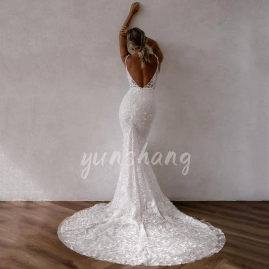 Yunshang Elegant Mermaid Wedding Dresses White Lace Open Back V-Neck Spaghetti Straps Bridal Gown Sweep Train Vestido De Novia